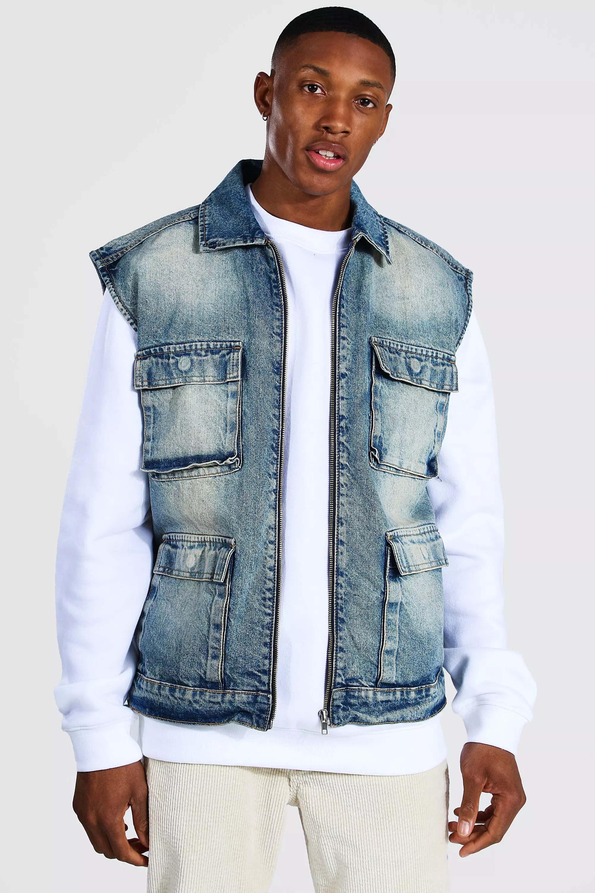 Zip Through Denim Utility Vest boohooMAN